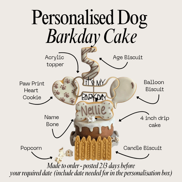 Personalised Dog Birthday Cake treat box, Homemade iced cake and biscuits 