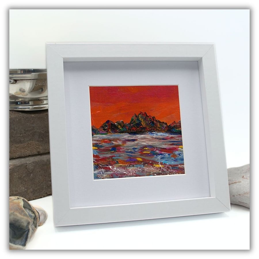 Framed landscape painting - mountain landscape - red sky - Scotland 