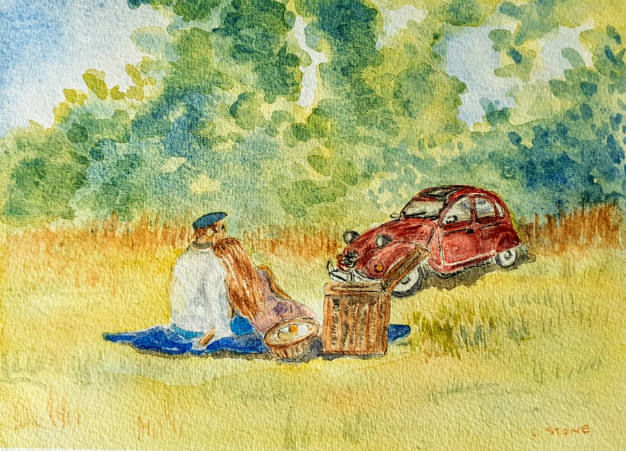 Small  watercolour painting, Countryside Picnic Citroen 2CV car 230 mm x 170 mm