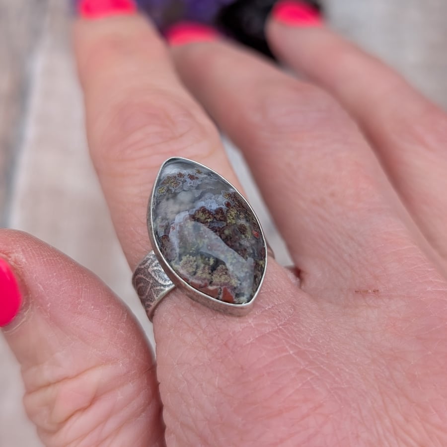 Sterling Silver Plume Agate Ring - UK Size O - JBJ4026