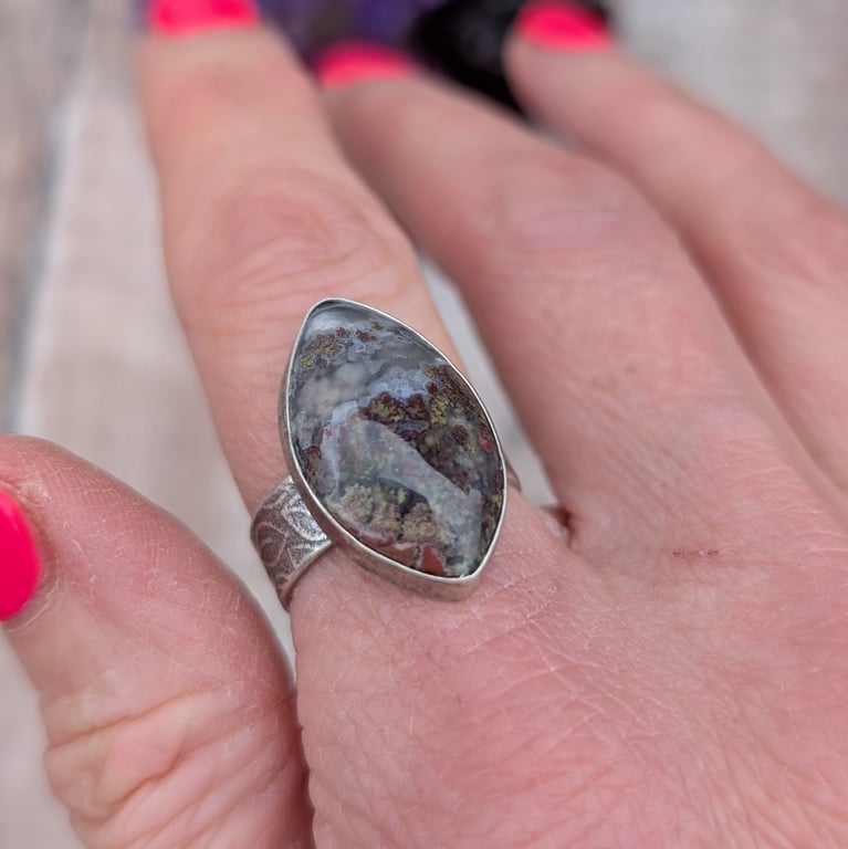 Sterling Silver Plume Agate Ring - UK Size O - JBJ4026