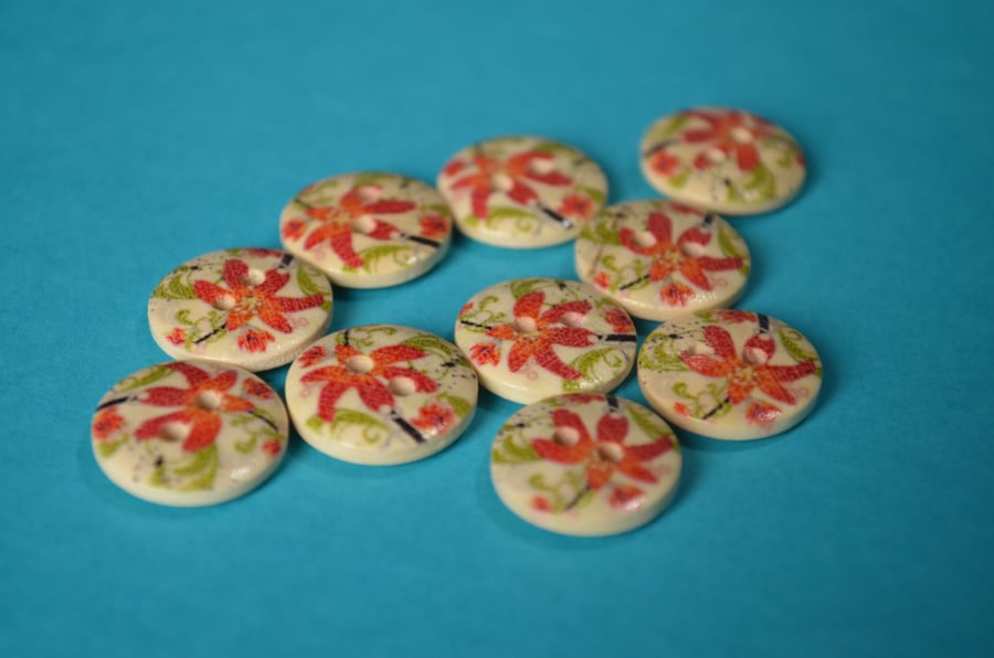 15mm Wooden Red Orange & Green Floral Buttons Natural Wood 10pk Flowers (SNF11)