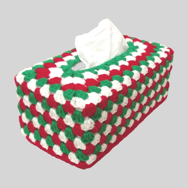 Christmas tissue box cover, in red, white and green, crochet cover, handmade