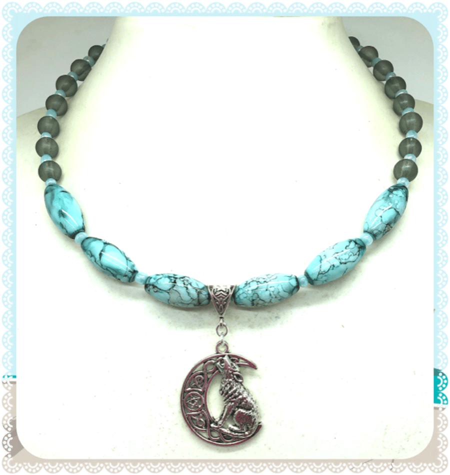 One of a Kind Wicca Howling Wolf collar length necklace