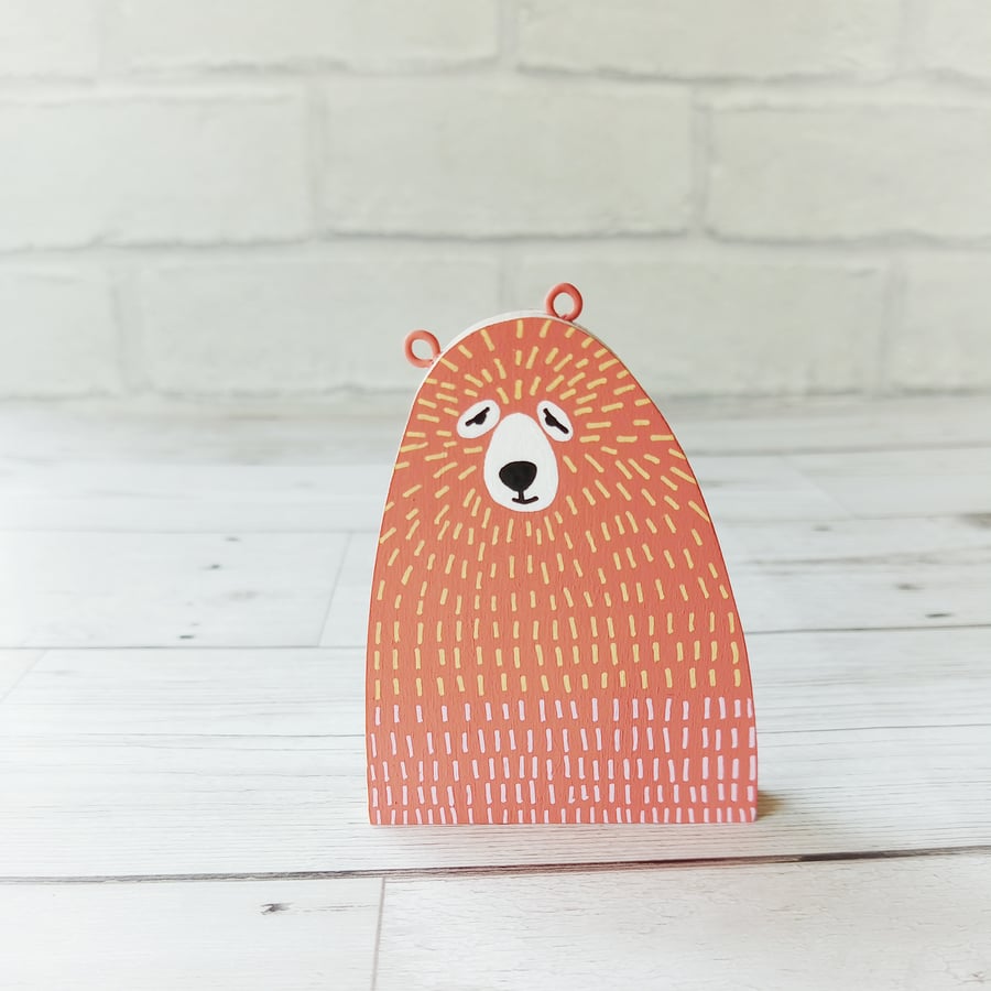 Cuddly Coral Bear, Handmade Wooden Bear