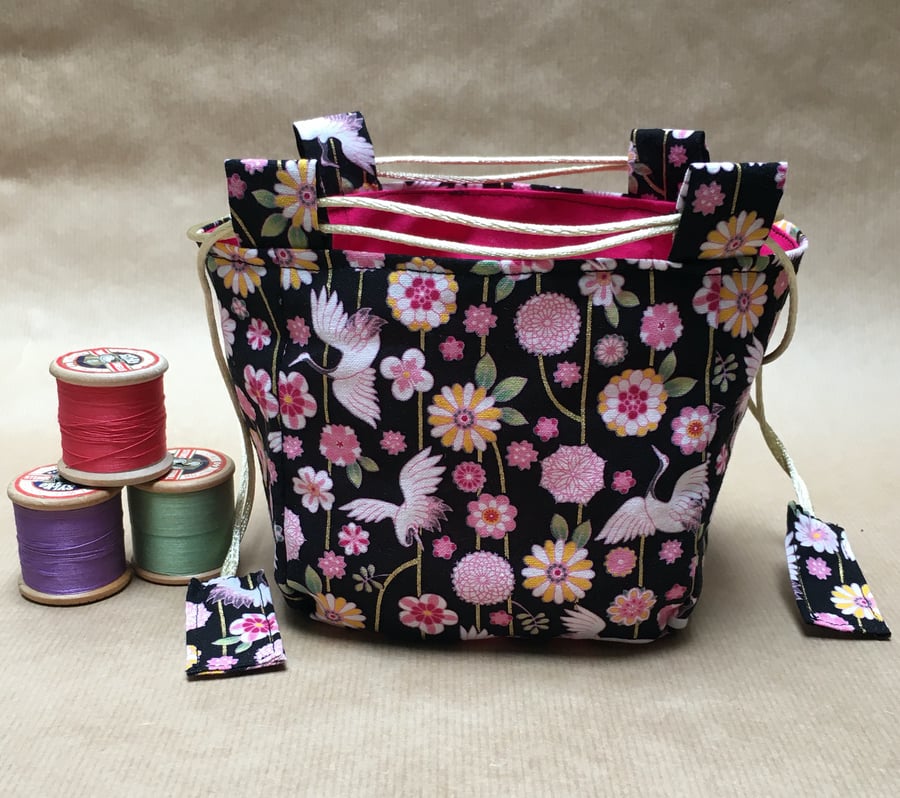Pink Black and Gold Cranes and Vines Japanese Rice Bag Gift Bag Make Up bag