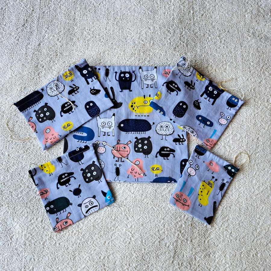 Pack of 5, drawstring bags, monsters