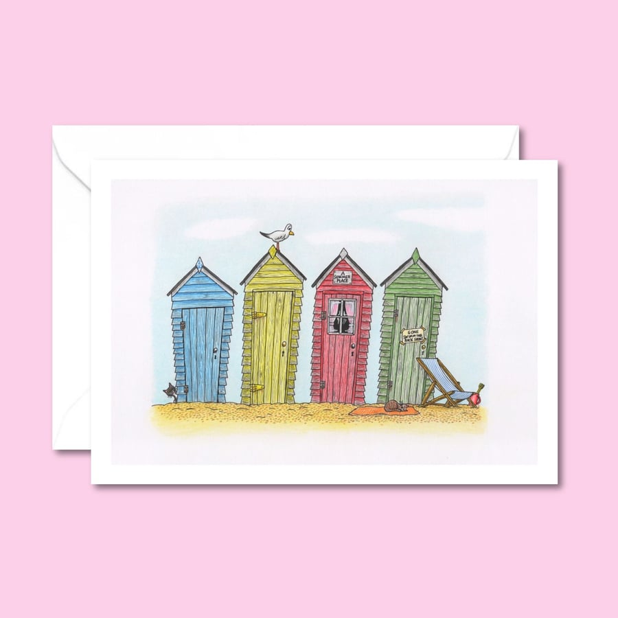 Beach Huts Greeting Card - Seaside Illustration Birthday Card - Coastal Scene