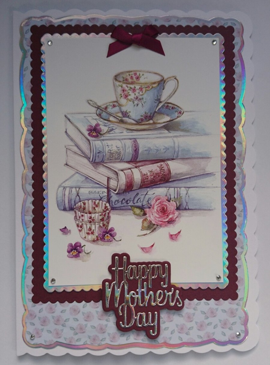 Card Happy Mother's Day Vintage Teacup Cupcakes Baking Books