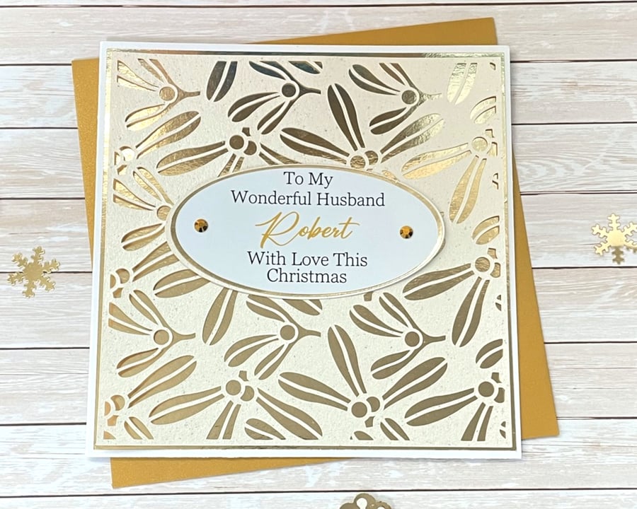 Christmas Card Personalised Gold Mistletoe Husband Wife Boyfriend Girlfriend 