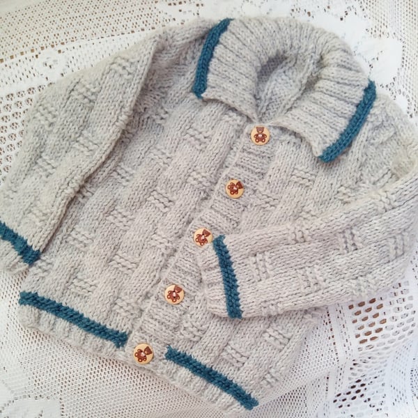 Hand Knitted Basket Weave Patterned Children's Cardigan with Collar