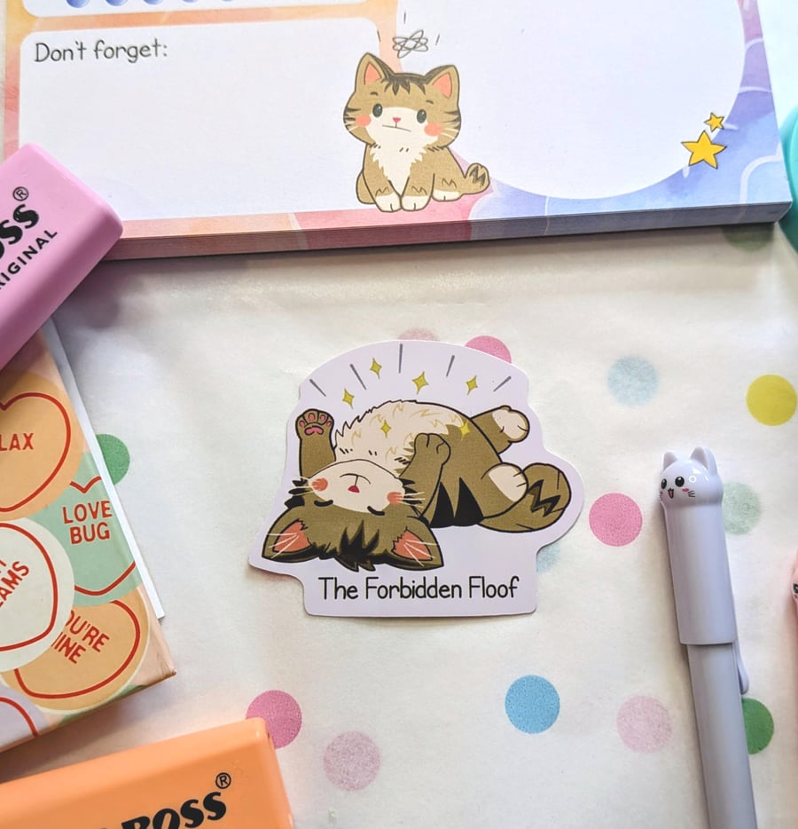 The Forbidden Floof Cat Sticker, Fluffy Tabby Belly Decal, Laptop Workspace