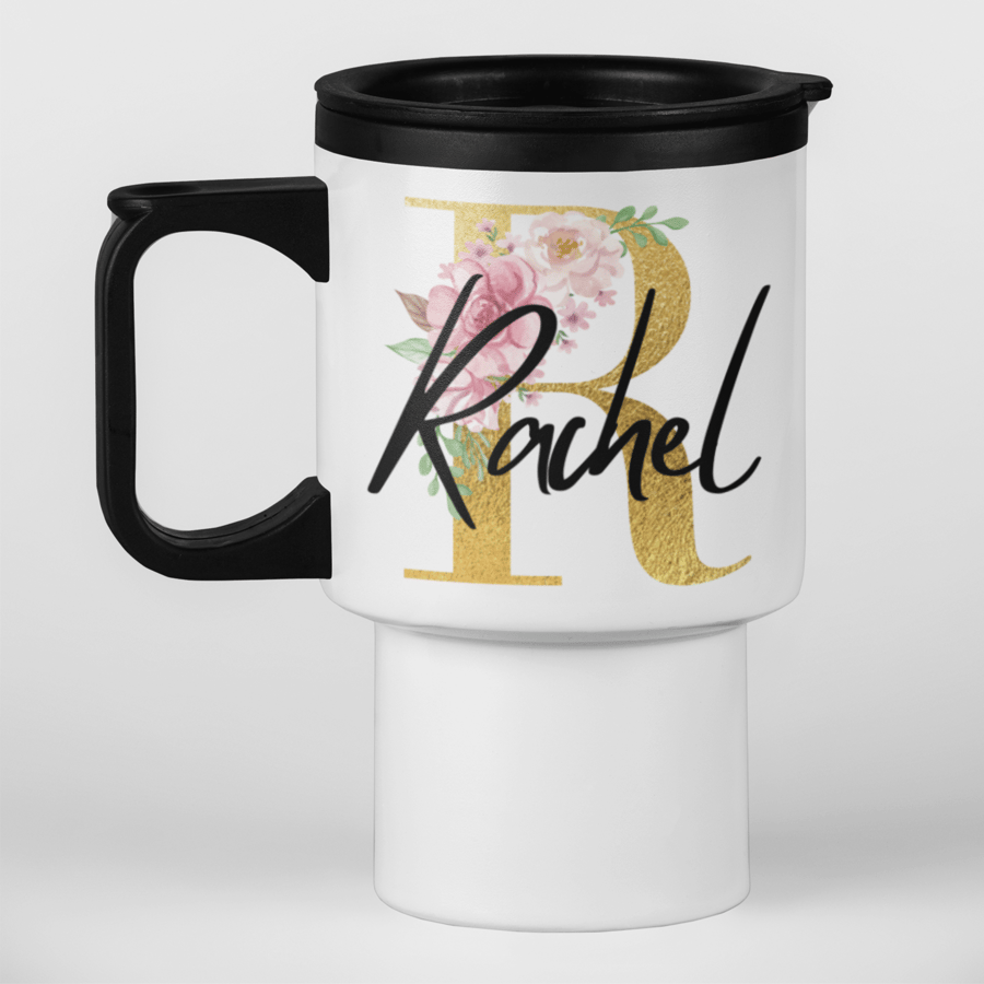 Personalised Gold Initial and Name Travel Mug - Personalised travel mug Gift