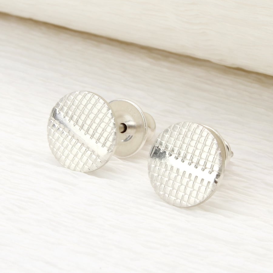 Small sterling silver ear studs, flat discs 8mm in diameter, matt and polished