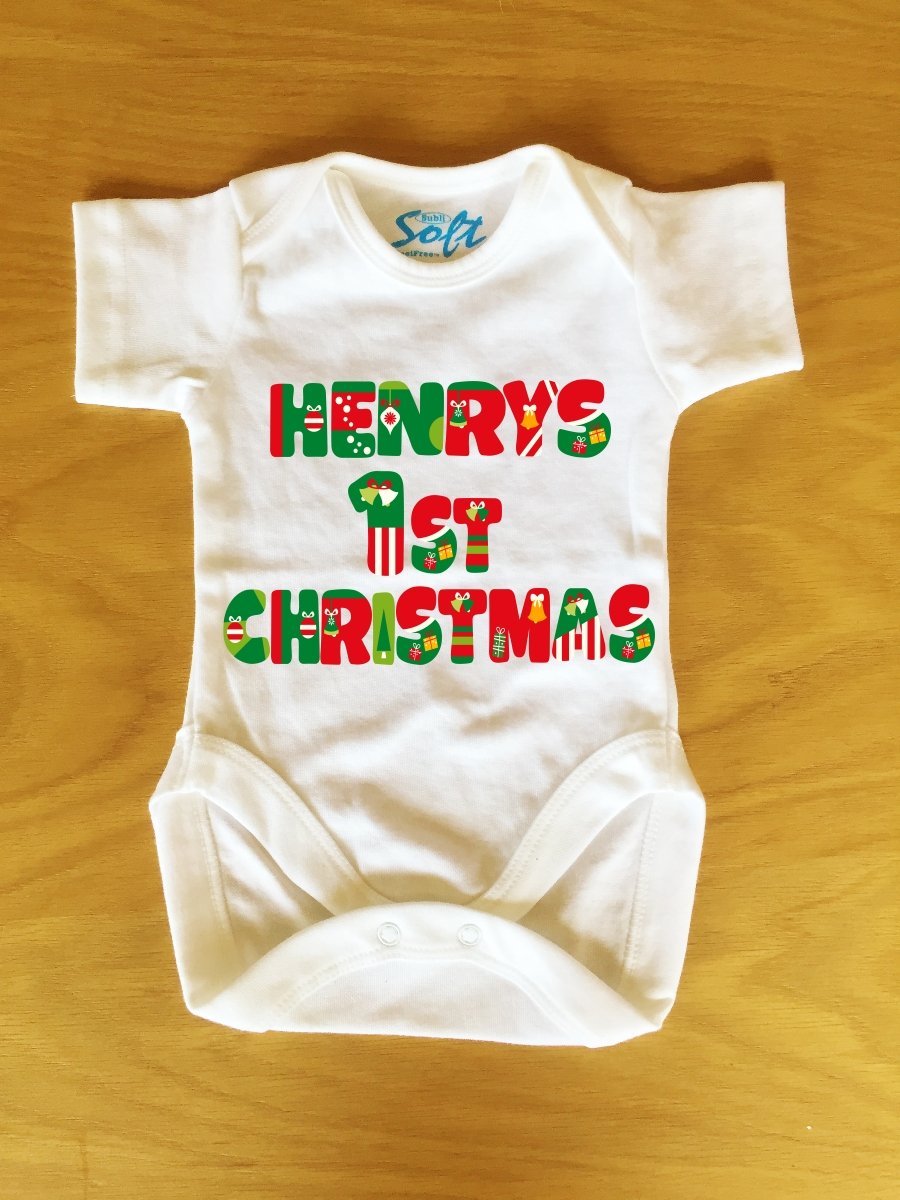Christmas font Baby Vest baby grow body suit with Personalised name