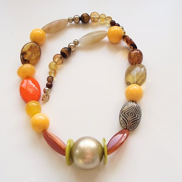 Sunny yellow large beaded necklace mixed bead orange brass vintage