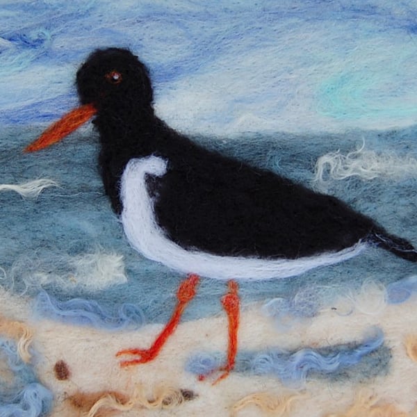 Oyster Catcher Shoreline  - Needle felt picture, textile art.  Free postage