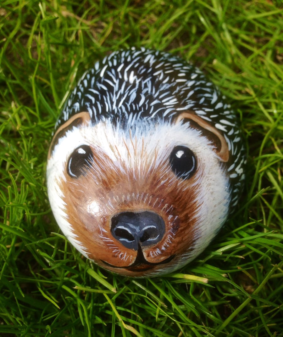 Hedgehog hand painted on rock 