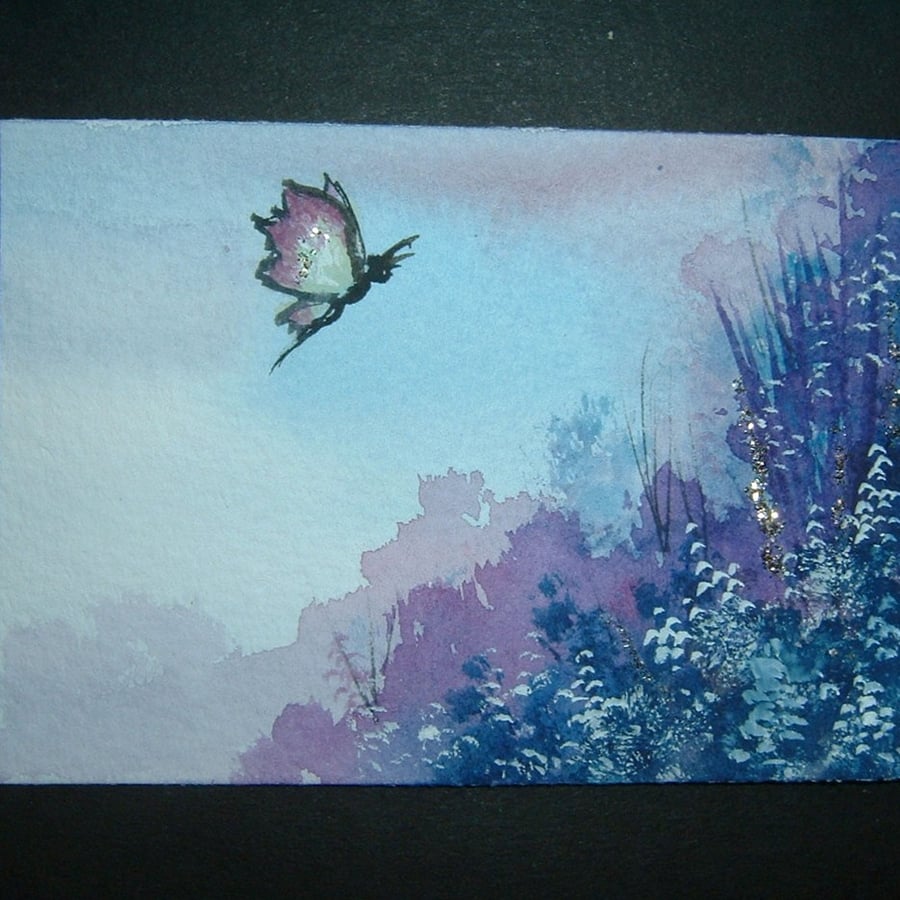 aceo SFA original miniature watercolour painting fantasy glitter butterfly 62