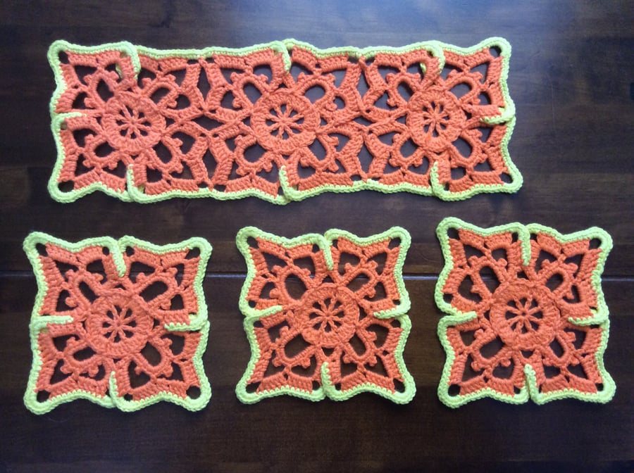 Set of 3 crochet doilies and small table runner in orange  and yellow 