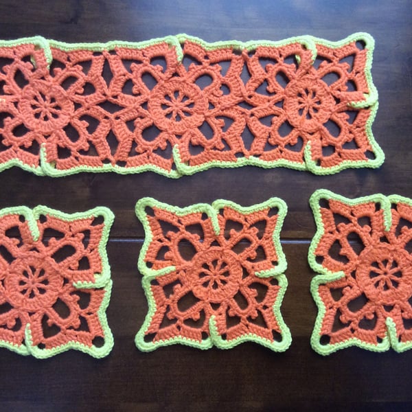 Set of 3 crochet doilies and small table runner in orange  and yellow 