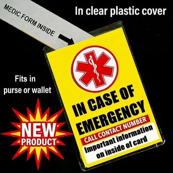 In case of emergency card, plastic cover , plus  Medic form