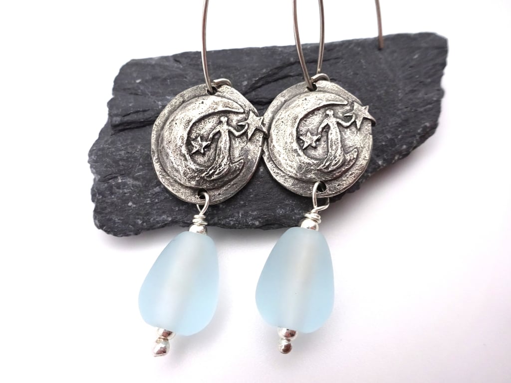 blue lampwork glass earrings, pewter moon goddess