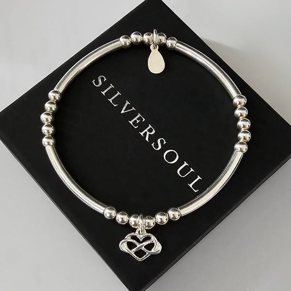 Sterling Silver Infinity Heart Charm Beaded Stretch Bracelet, 925