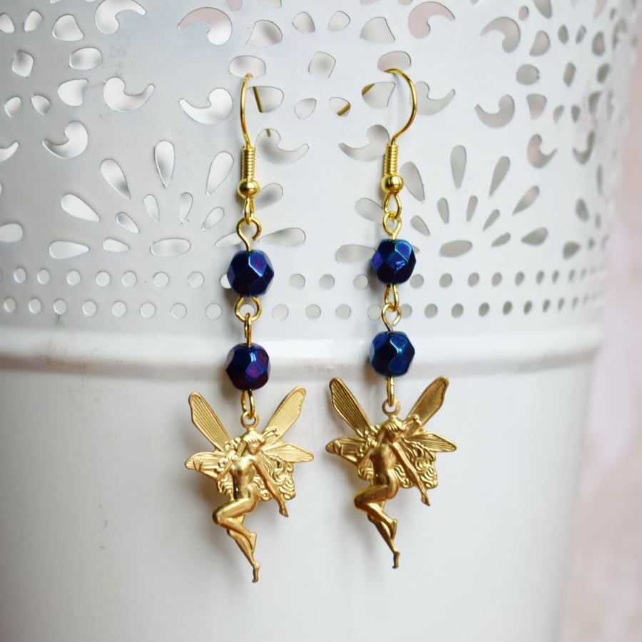 Fairy Earrings with Jet Blue Iris Czech Glass Beads