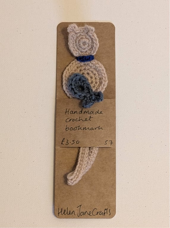 Handmade crochet cat bookmark - light brown with blue collar