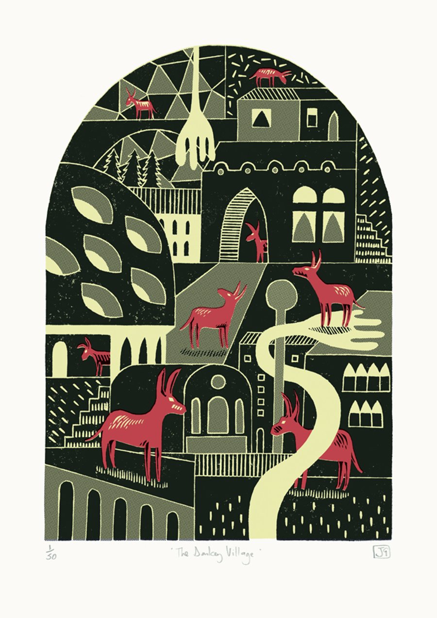 The Donkey Village A3 3-colour linocut & screen-print