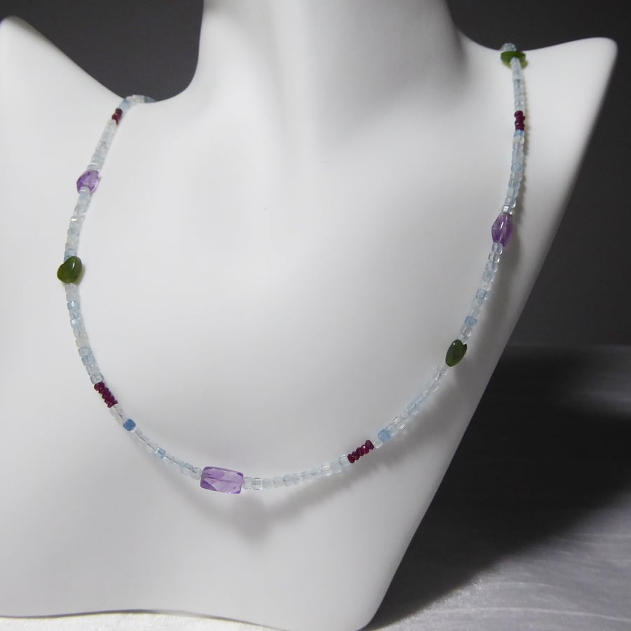 Pisces Gemstone Necklace with Rubies, Amethyst, Jade and Aquamarine