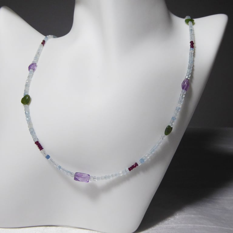Pisces Gemstone Necklace with Rubies, Amethyst, Jade and Aquamarine