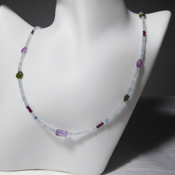 Pisces Gemstone Necklace with Rubies, Amethyst, Jade and Aquamarine