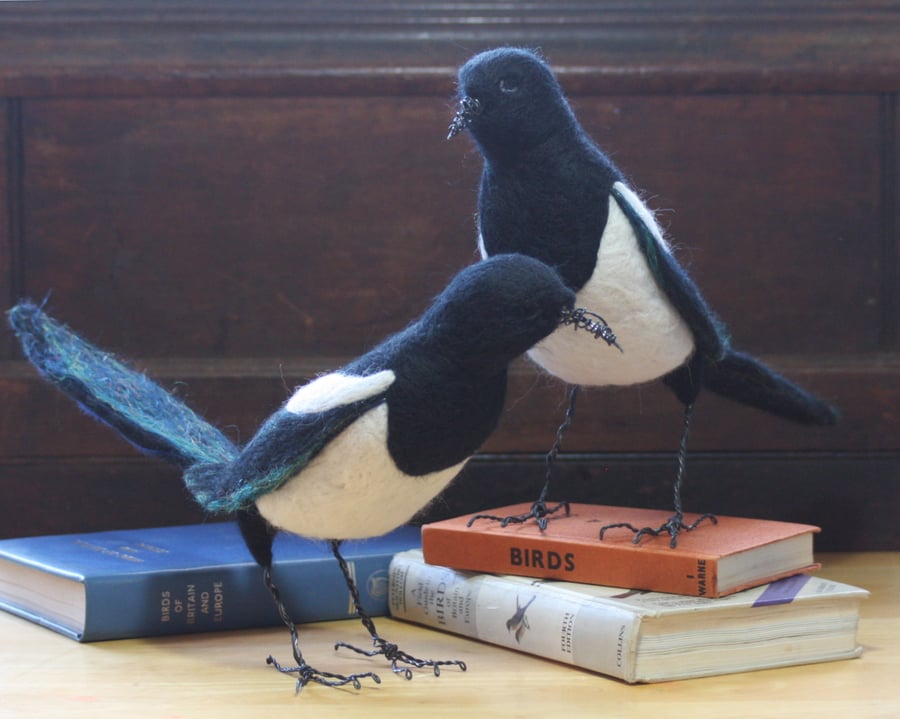 "Two for Joy" pair of needle felted magpie sculptures