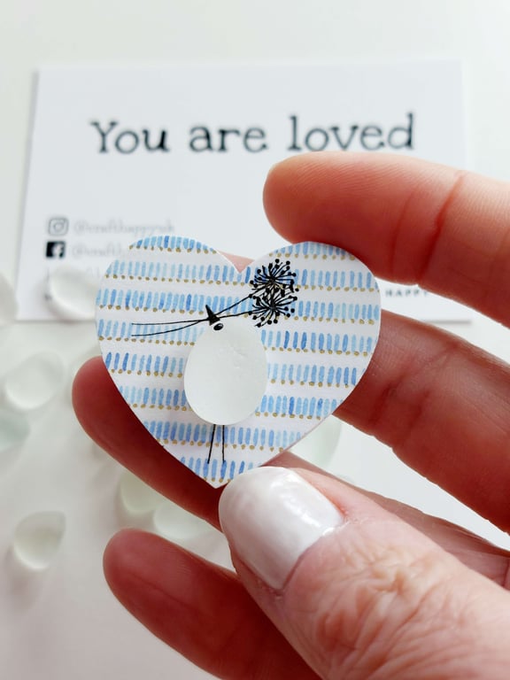 Sea Glass Bird Magnet - Blue Wooden Heart Fridge Magnet, Gift Idea