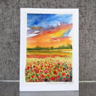 Poppy Field. Blank Card. Original Painting. Watercolour 260142