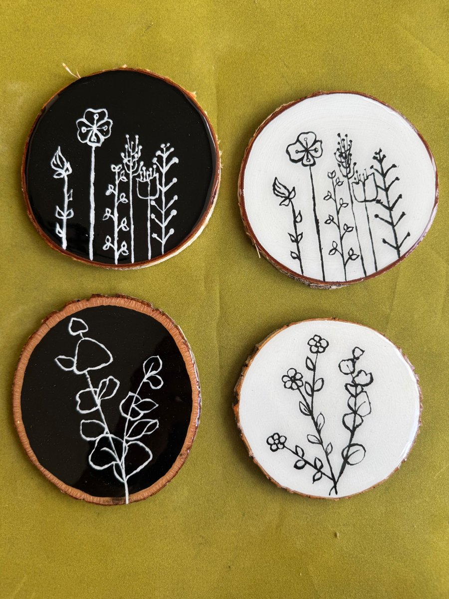 Rustic wooden coasters, hand painted with flowers