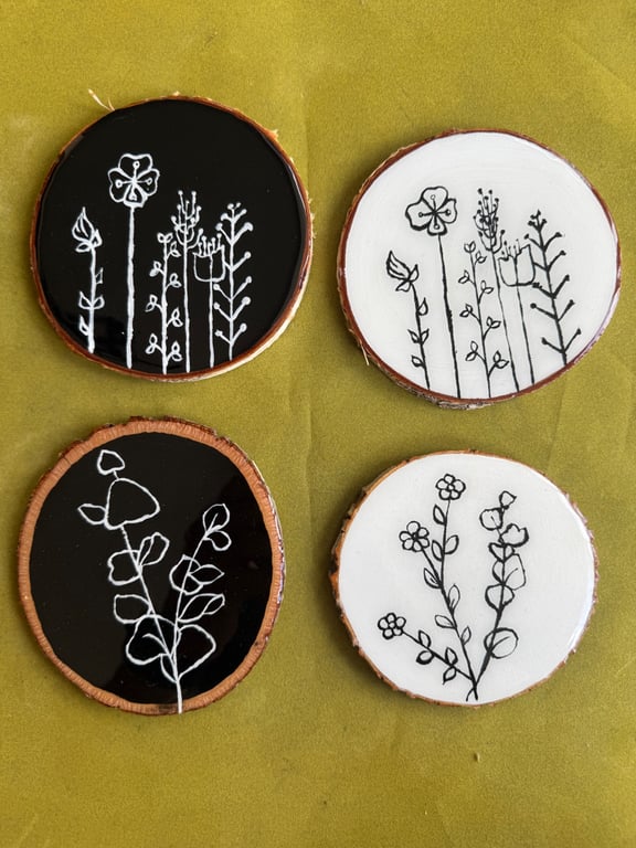 Rustic wooden coasters, hand painted with flowers