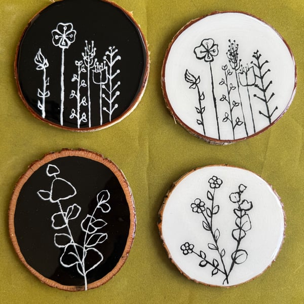Rustic wooden coasters, hand painted with flowers