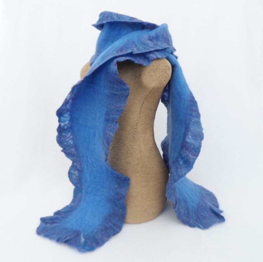 Nuno Felted scarf, blue with ruffled border SALE