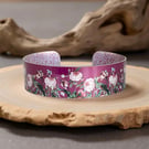 Rose cuff bracelet, magenta floral metal bangle. (799)