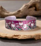 Rose cuff bracelet, magenta floral metal bangle. (799)