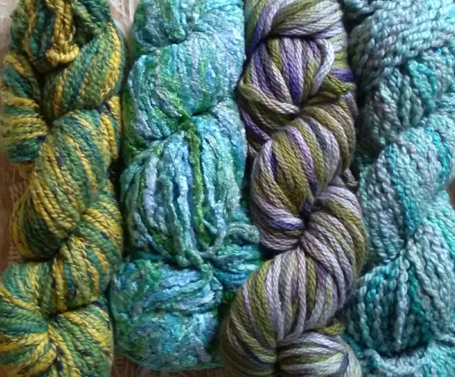 125g Hand dyed Pima Cotton Aran Craft Pack Greens Yellow Purple