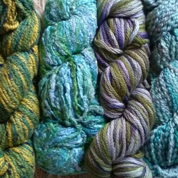 125g Hand dyed Pima Cotton Aran Craft Pack Greens Yellow Purple