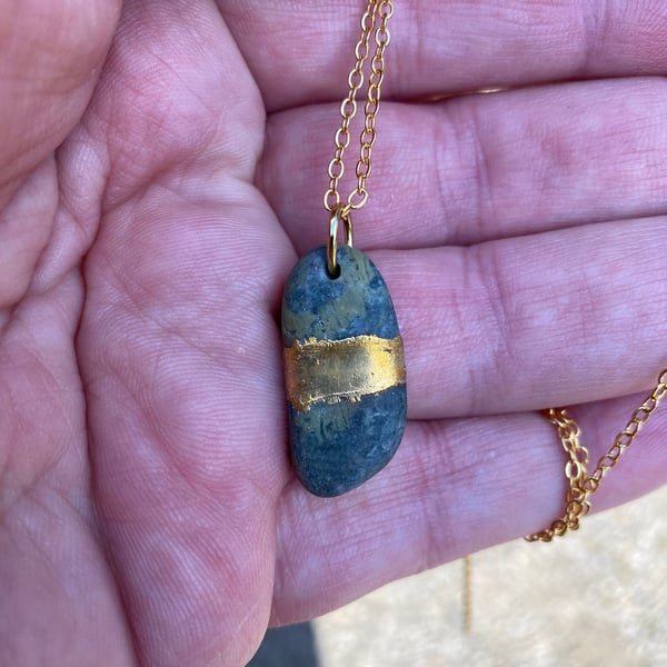 Stone Pendant with Electroformed Gold Stripe, 24kt Gold