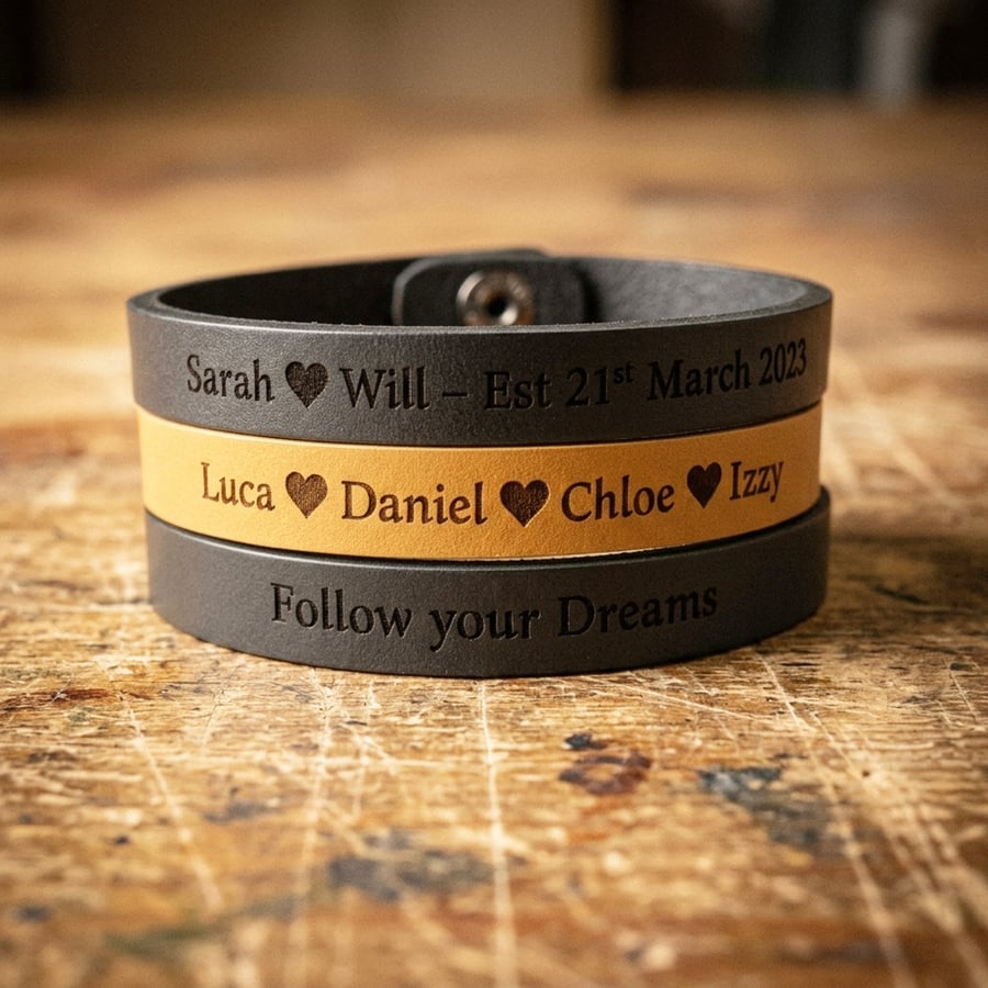 Personalised Leather Bracelet with Optional Secret Message - Gift Boxed