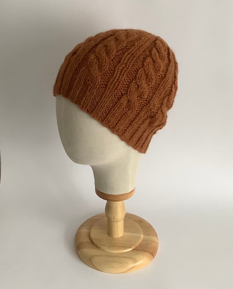 BEANIE HAT .' Towpath' . Luxurious baby Alpaca, Merino wool. Cabled . Russet.