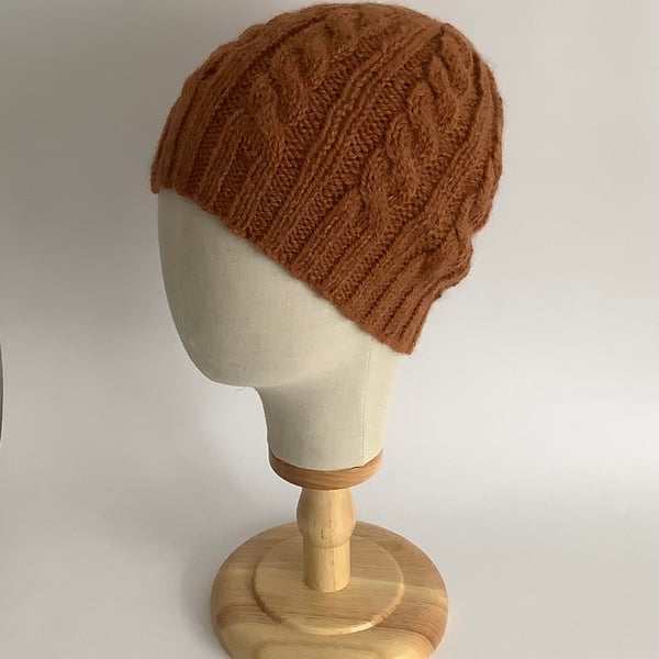 BEANIE HAT .' Towpath' . Luxurious baby Alpaca, Merino wool. Cabled . Russet.