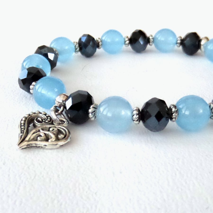 Blue gemstone and crystal bracelet with heart charm 